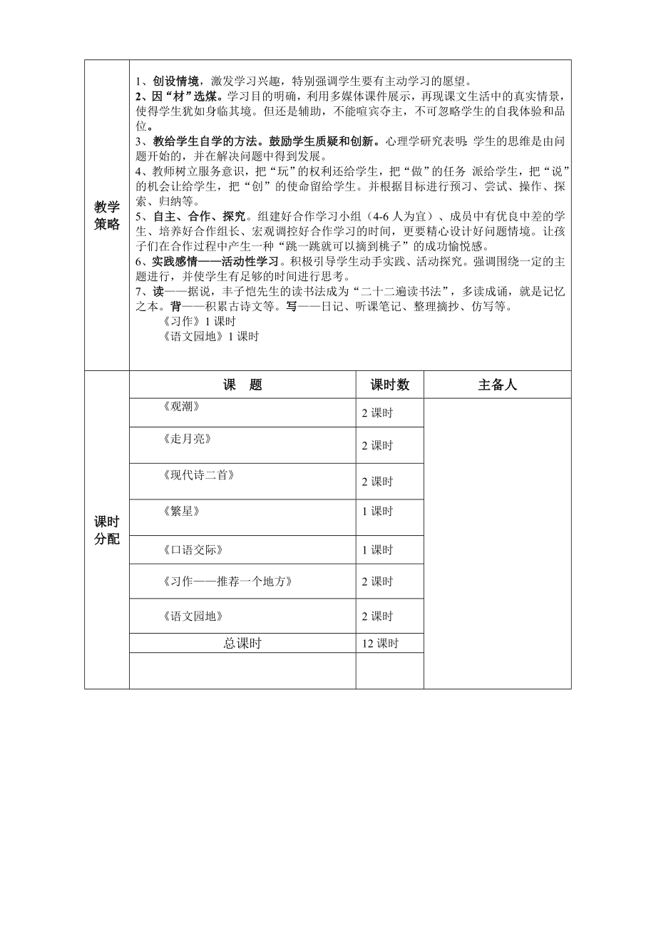 小学四年级语文上册第一单元教学计划表.doc