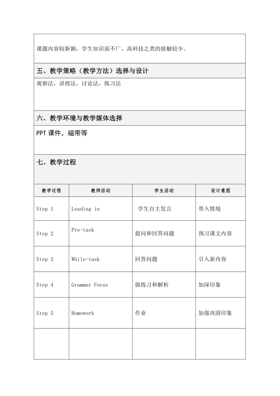 表格式教学设计模板(英语).doc