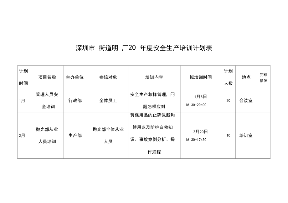 安全生产培训计划表(样板).doc