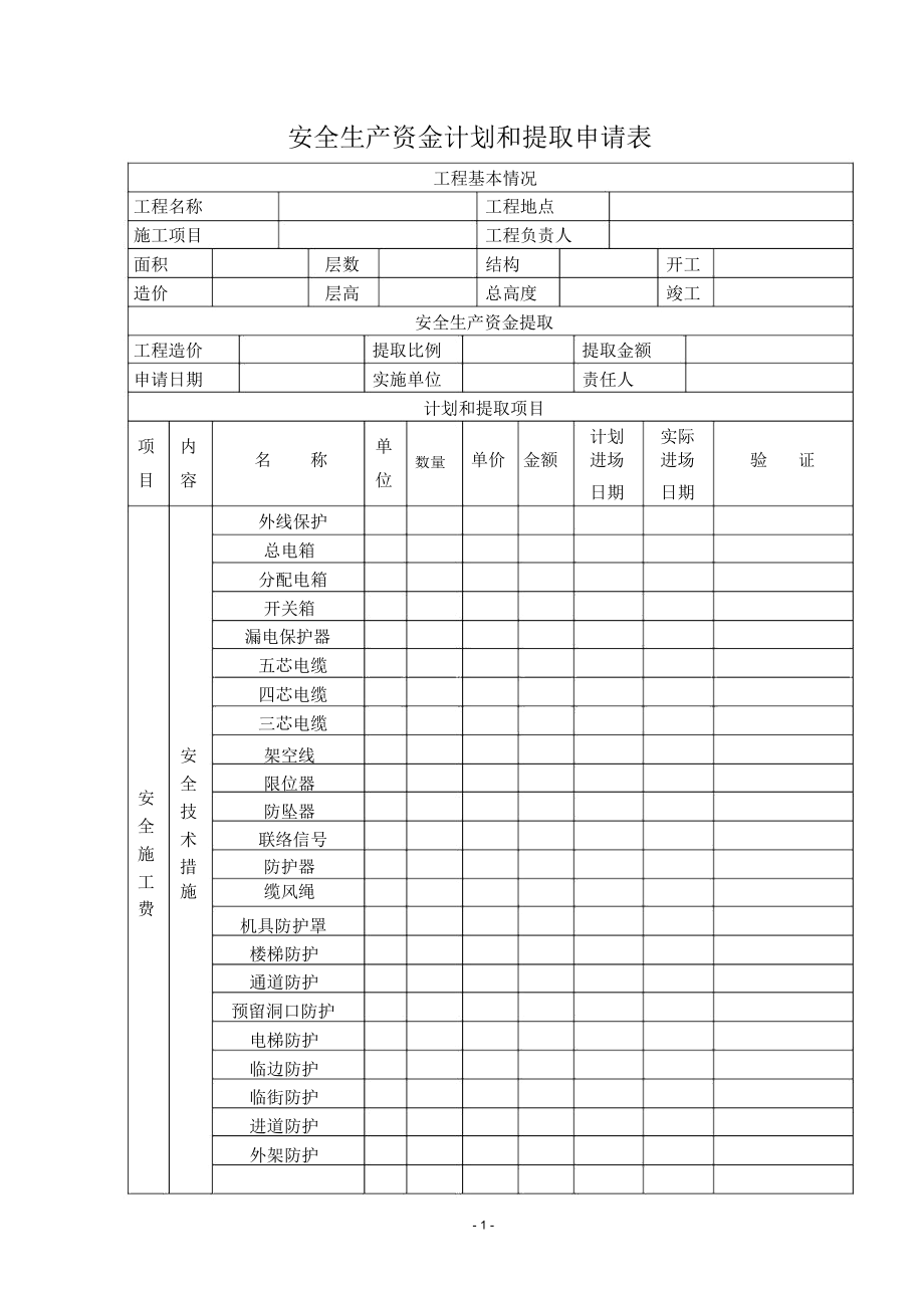 安全生产资金计划和提取申请表.doc