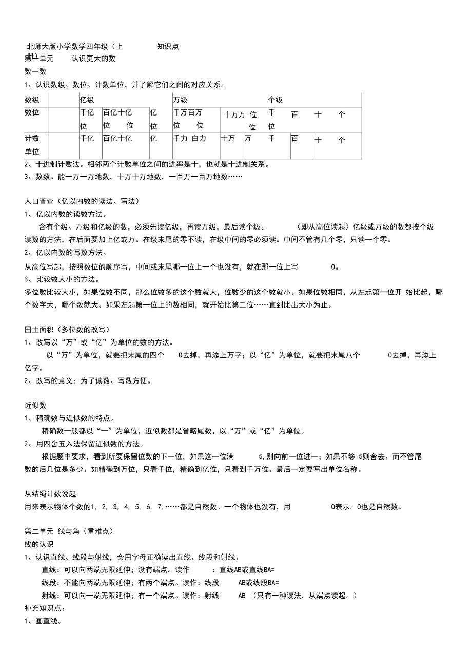 北师大版小学数学四年级上册知识点.doc