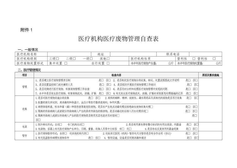 医疗机构医疗废物管理自查表.doc