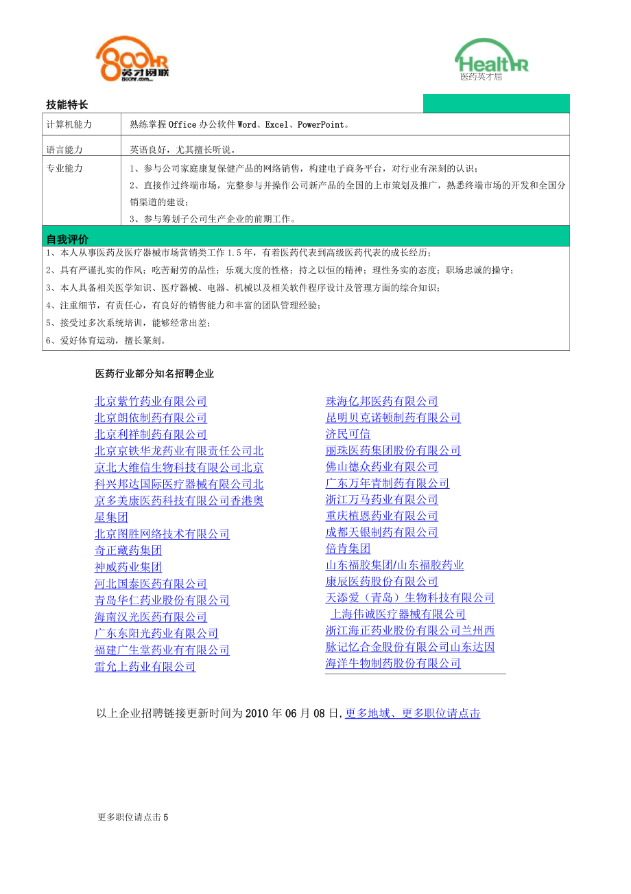 医疗器械销售代表简历范例.doc