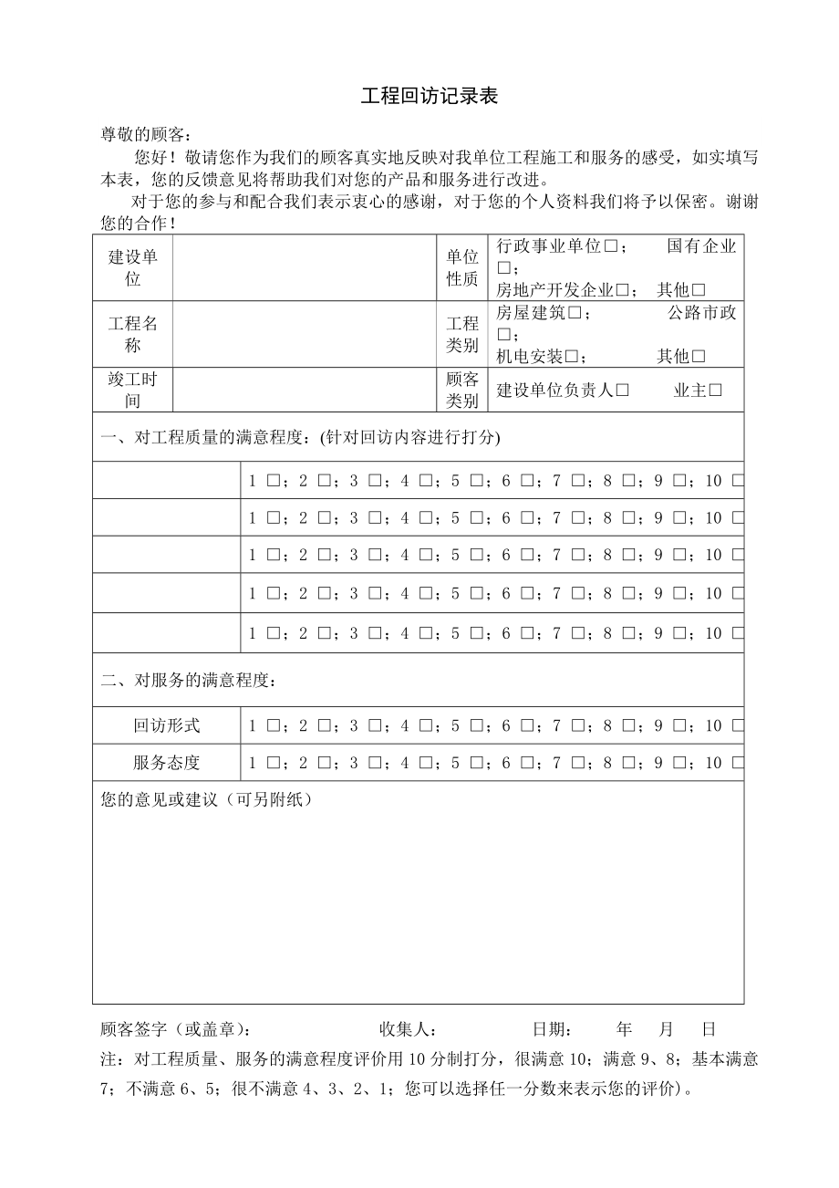 回访及满意度调查表格.doc